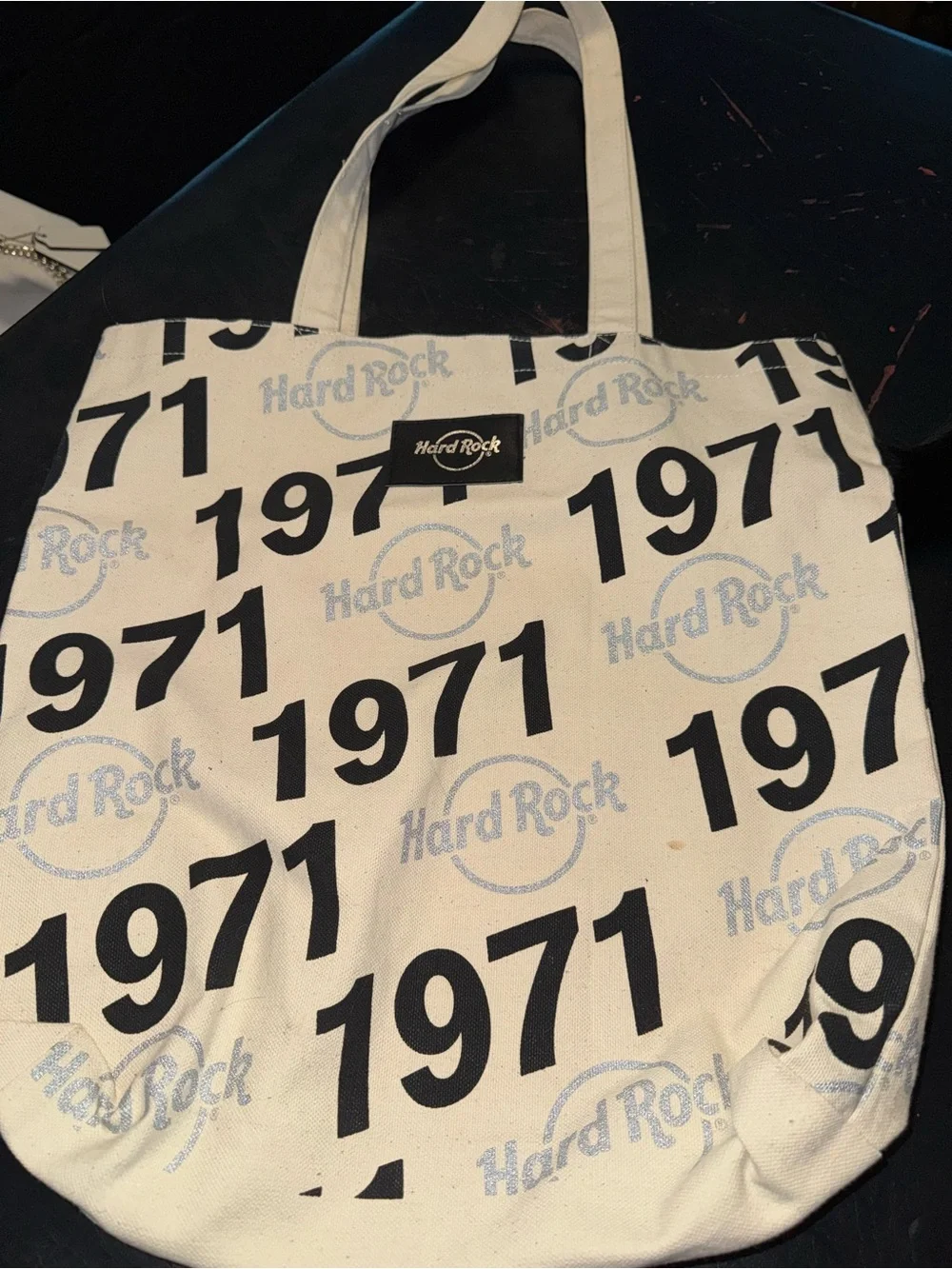 Hard Rock Cafe White Canvas Messenger Tote with Black 1971 Print